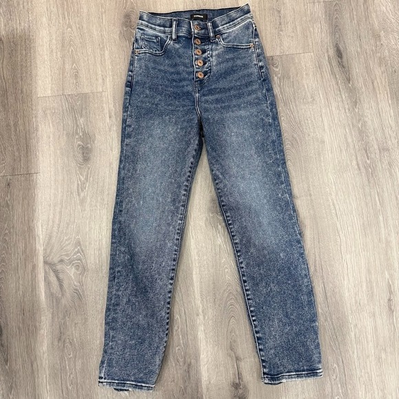 Express Denim - Express Jeans Womens Button Fly Size 23x26 Mom Jean Super High Rise Blue Stretch